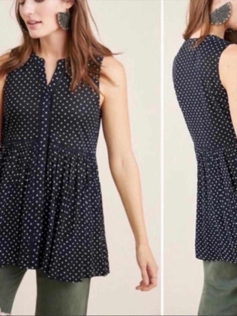 Anthropologie Navy and White Polka Dot Sleeveless Tunic Top - S
